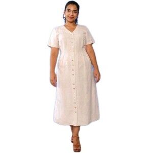 Orvis Women's Beige Linen Blend Button Up Midi Dress Size 12 Petite